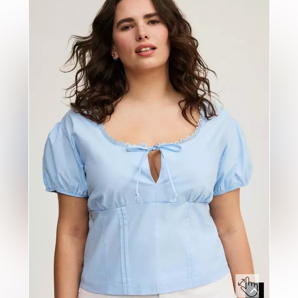 Torrid Light Blue Puff Sleeve Blouse - Keyhole Tie Front - Lace Trim
